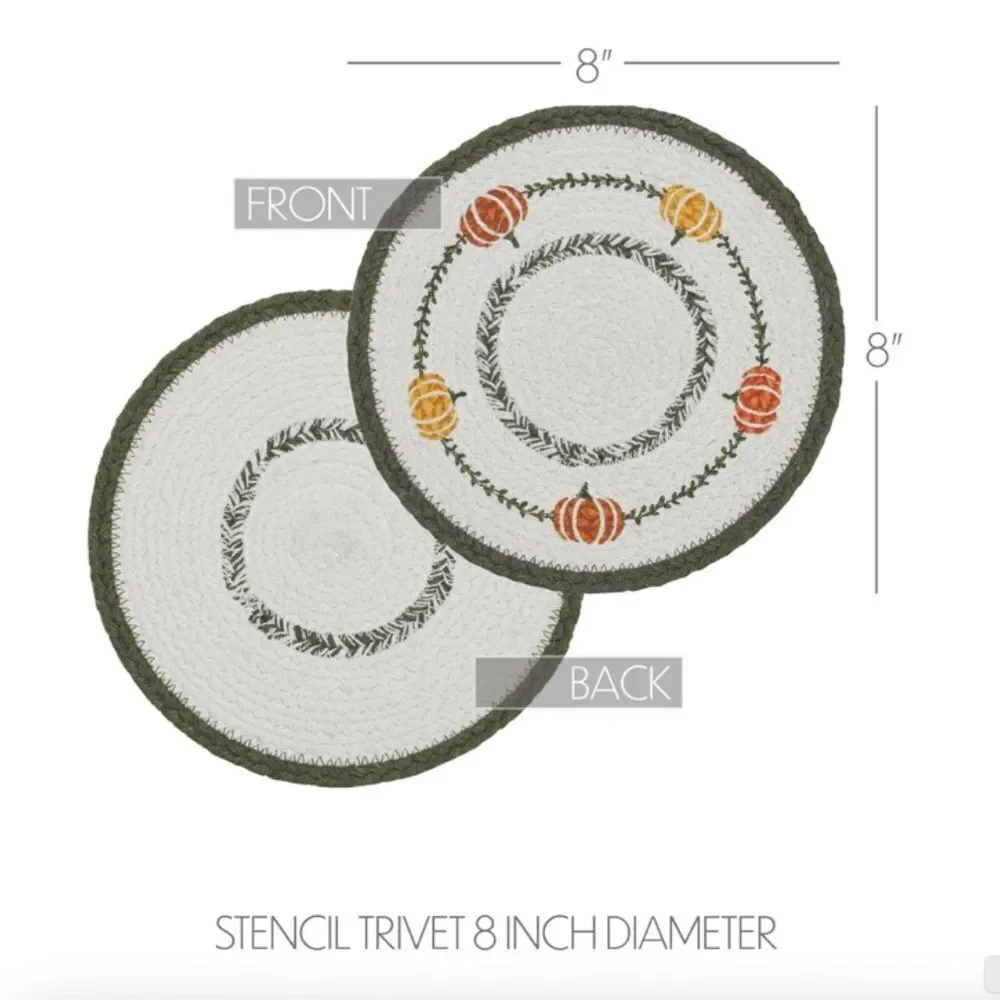 Autumn Harvest Pumpkin Stencil Jute Braided Trivet 8 inch Round Kitchen Table
